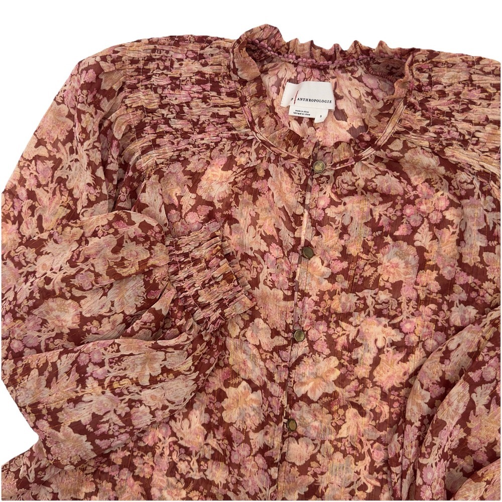 Anthropologie Floral Button Front Long Sleeve Blouse‎ Women's Small Gold Inlays